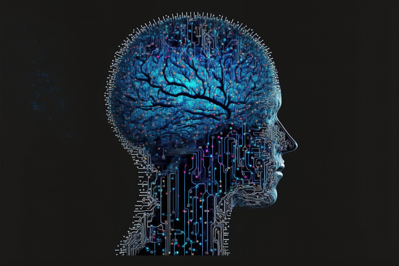 Human silhouette with digital brain design.