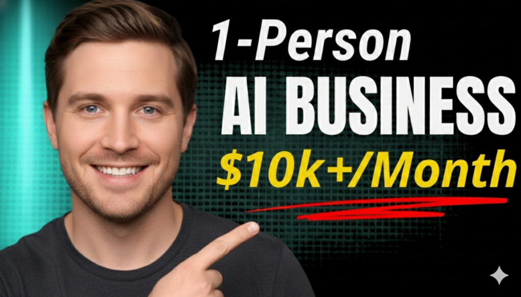 "A professional article cover photo featuring a smiling man in a dark t-shirt pointing toward bold text that reads '1-Person AI BUSINESS' in white, and '$10k+/Month' in yellow with a red underline, against a dark textured background with a teal light effect."