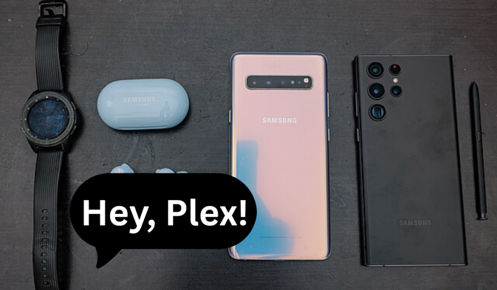 Official Samsung Galaxy AI and Perplexity integration graphic featuring the "Hey, Plex!" voice command speech bubble in black and white.